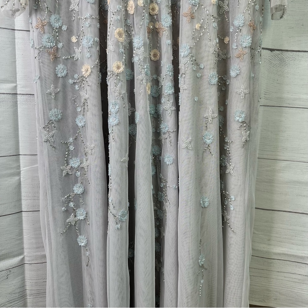Mac Duggal size 16 Embellished Wrap Over Illusion Long Sleeve A Line Gown Gray - Picture 8 of 16